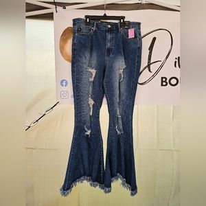 Destructed Flare Fringe Bottom Jeans